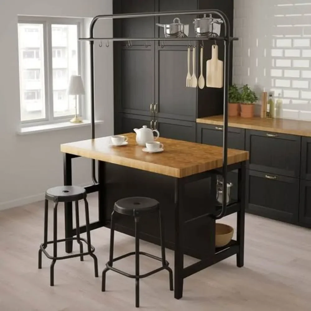 VADHOLMA Kitchen Island w/ Rack Black Oak Butcher Block Top 49 5/8” Excellent